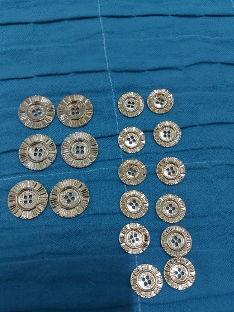 BALENCIAGA flat buttons (Category: Blouses) located in Quezon City. Submitted by threetwotwo2ndaccount (Listing ID 1464780502, Image 3). Description: BALENCIAGA flat buttons gold colored design 6pcs big 12pcs small no inclusion.