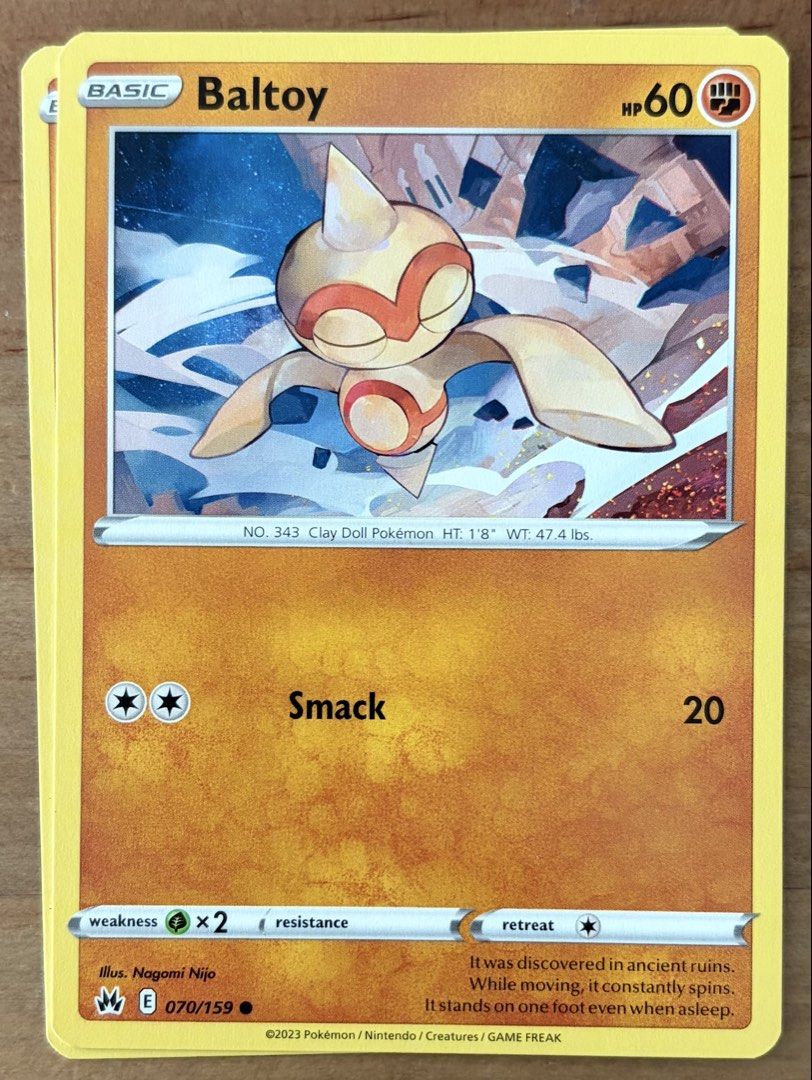 Baltoy | Pokemon Cards ~ Crown Zenith (Category: Raw Singles) located in Makati City. Submitted by cardlab (Listing ID 1464965781, Image 1). Description: Items are 💯 authentic/original/legit. About The Card: •Language: EN • Number: 070/159 • Common • Normal FOR: • Cards ₱99 and below with Card Sleeves • Cards ₱100 and up with Card Sleeves and Used Toploader • ₱10 for Bnew Tops Packaging (If Shipping): ✔️ Plastic cover ✔️ Cardboard ✔️ Bubble wrap