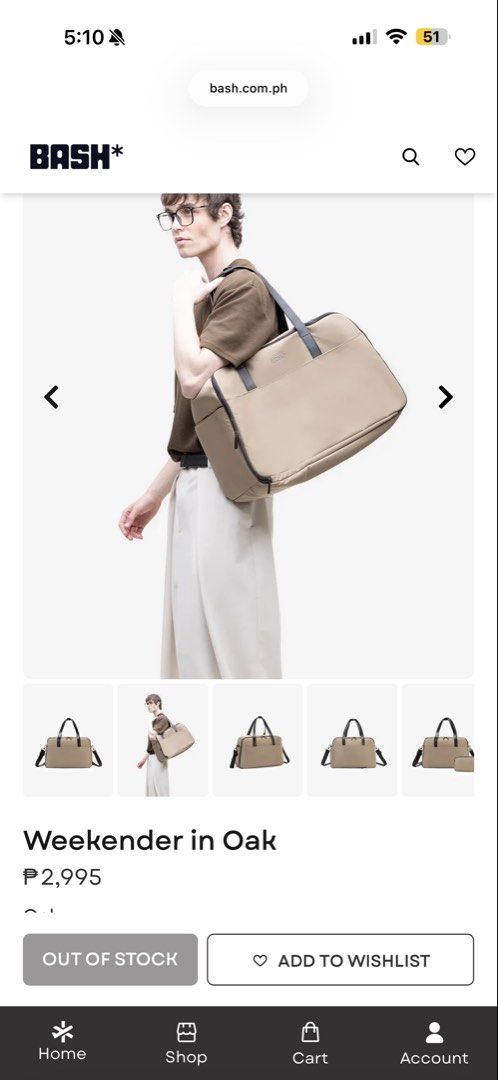 BASH Weekender in Oak (Category: Tote Bags) located in Manila. Submitted by artyreal (Listing ID 1464959320, Image 2). Description: - Brand: BASH - Color: Oak in Large (Versatile neutral beige) - Condition: Clean and ready to use, good as new (used only twice) - Ideal for: Short trips, overnight stays, and gym use - Features: Spacious interior, wide opening for easy packing - Organization: Built-in mesh organizational compartments - Portability: 