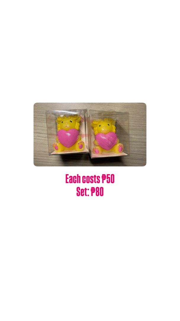 BRAND NEW UNOPENED-Bear Semi Scented candle (Category: Designer & Blind Box Toys) located in Pasig City. Submitted by nastkutu (Listing ID 1464820298, Image 2). Description: - Adorable yellow bear candle holding a big pink heart -its great also if you wanna use it for wax sealings - Price: ₱50 each - Bundle deal: Get a set of two for only ₱80 - Perfect gift or addition to your collection - DM for more photos/ questions.