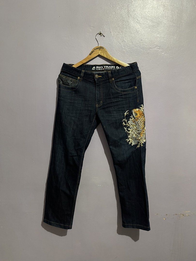 Big Train Embroidered Koi Denim Pants (Category: Jeans) located in Angeles City. Submitted by andreiboughts (Listing ID 1464867151, Image 1). Description: Length: 37 Waist: 32 Condition: 9/10 Color rate: 1 penhole Issue (s): 9/10 Complete Tags ✅ XL on tag.