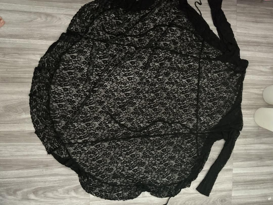 Black Lacy Long Overlap Robe (Category: Coats, Jackets and Outerwear) located in Manila. Submitted by TCC.ETC (Listing ID 1464773537, Image 2). Description: Good for beach coverups -Lightly used -No signs of usage -J&t Delivery.