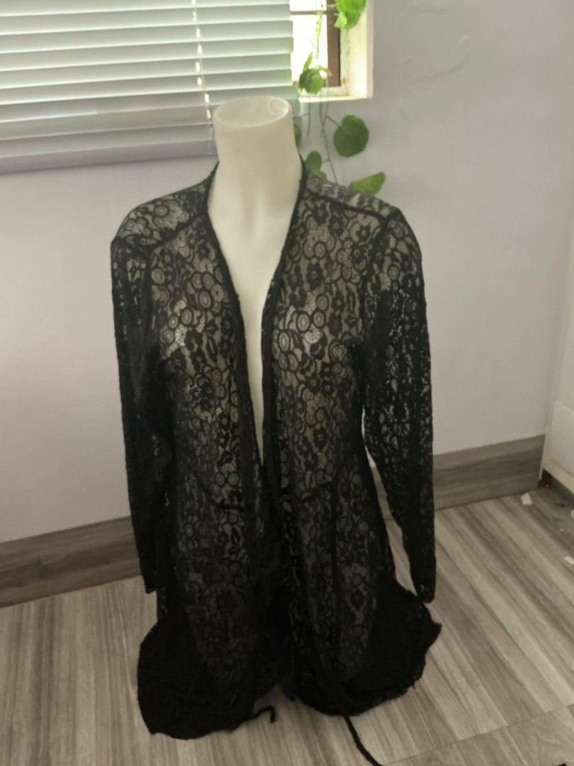 Black Lacy Long Overlap Robe (Category: Coats, Jackets and Outerwear) located in Manila. Submitted by TCC.ETC (Listing ID 1464773537, Image 1). Description: Good for beach coverups -Lightly used -No signs of usage -J&t Delivery.