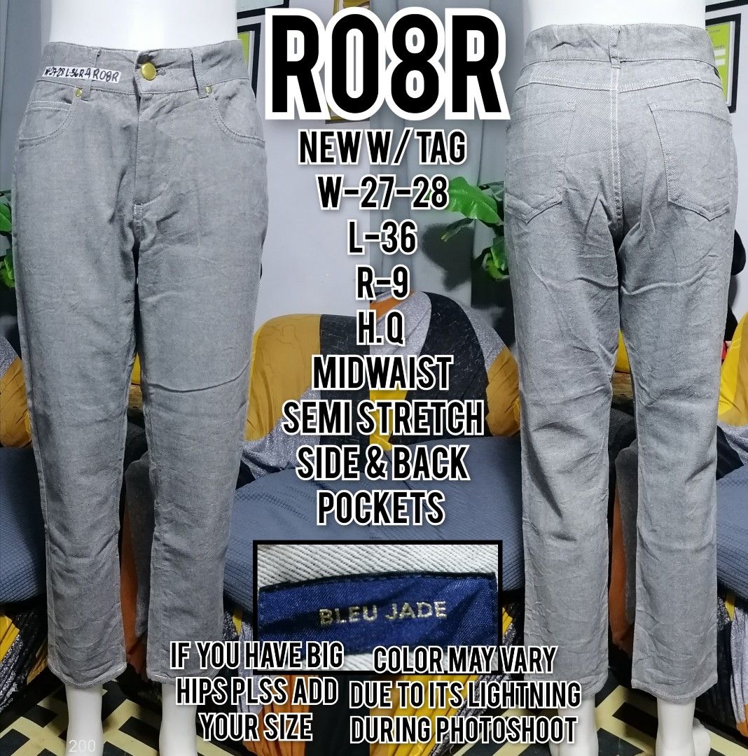 Bleu Jade Gray Midwaist Semi Stretch Pants (Category: Jeans) located in Taguig. Submitted by chacha0203 (Listing ID 1464772731, Image 1). Description: - Brand: Bleu Jade - Condition: Brand new with tag attached - Color: Gray (slight variation due to lighting) - Size: W27-28, Length 36 - Fabric: Semi-stretch - Features: Side and back pockets included - Fit note: Recommended to size up if you have big hips.