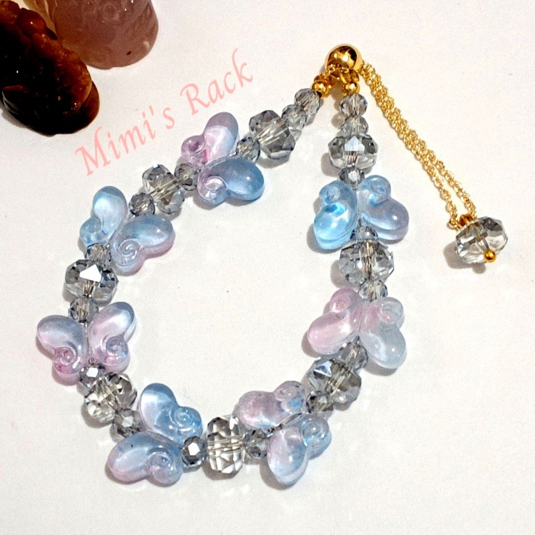 Blue & Pink Butterfly Crystal Bracelet (Category: Bracelets) located in Taguig. Submitted by mimisrack (Listing ID 1464901286, Image 1). Description: 🩵Sweet and dreamy butterfly bracelet featuring pastel blue and pink butterfly beads paired with sparkling faceted crystal beads. The combination gives it a soft, feminine, fairy-like look with plenty of shimmer. ✨🩷🩵 -A pretty little bracelet that catches the light beautifully and adds a soft pop 