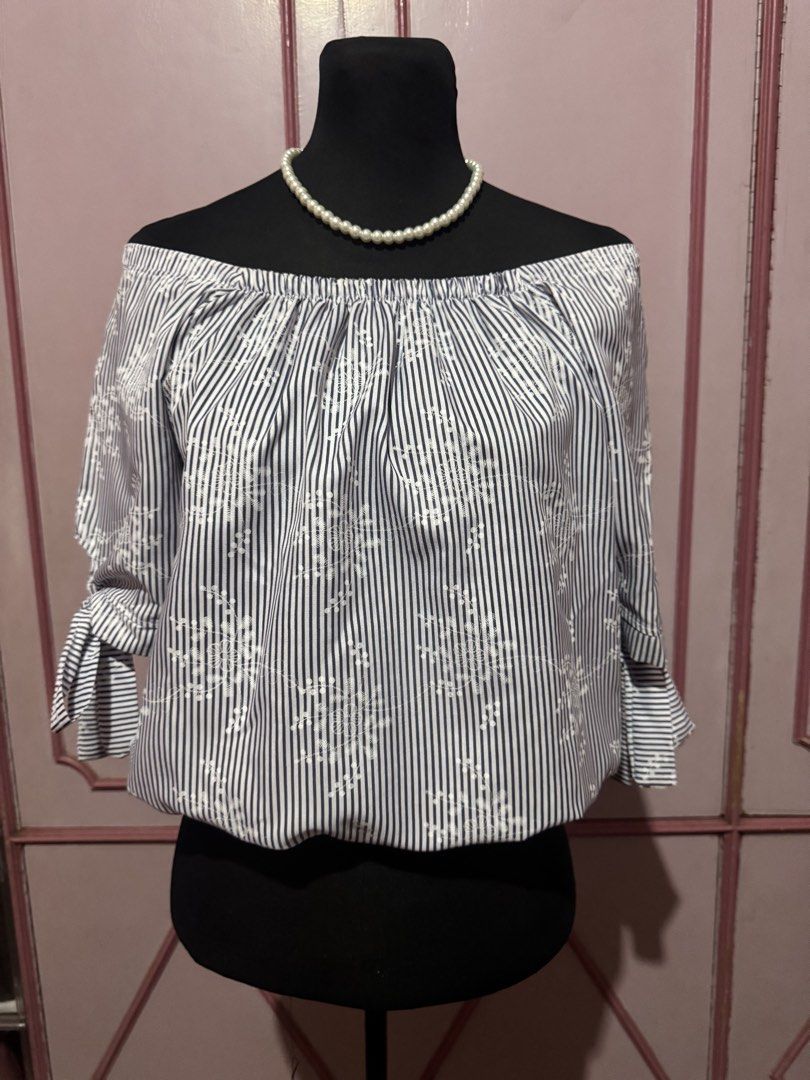 Blue Stripes Off Shoulder Blouse (Medium) (Category: Blouses) located in Bulacan. Submitted by mskath21 (Listing ID 1464929601, Image 1). Description: Actual photo posted. No visible flaw. Barely used. Location: Guiguinto, Bulacan Can do meet ups and shipping via J&T. Payment first policy, No COD option..