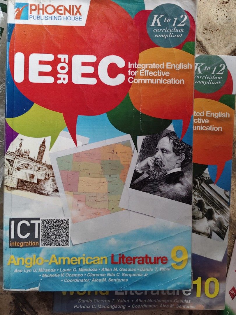 Book for 100 each (Category: Textbooks) located in Manila. Submitted by onlinestore011716 (Listing ID 1464851464, Image 1). Description: - Subject: Grade 9 English (Anglo-American Literature) - Publisher: Phoenix Publishing House - Curriculum: K to 12 Compliant - Authors: Ace Lyn U. Miranda, Louie G. Mendoza, Allen M. Gasulas, Danilo T. Yabut, Michelle V. Ocampo, and Clarence Nilo C. Serquenia Jr. - Special Feature: Includes ICT integration - Con