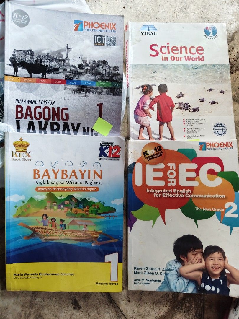 Book for 50 each (Category: Textbooks) located in Manila. Submitted by onlinestore011716 (Listing ID 1464853733, Image 1). Description: - Bundle of 4 textbooks for Grades 1 & 2 - Subjects: Filipino, English, Science, and Social Studies - Aligned with the standard K to 12 curriculum - Includes: * Bagong Lakbay Na 1 (Filipino) * Science in Our World 2 (Science) * Baybayin 1 (Social Studies) * Integrated English for Effective Communication 2 (Englis