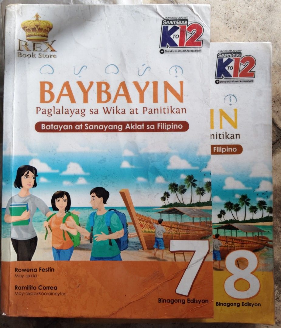 Books for 50php each (Category: Textbooks) located in Manila. Submitted by onlinestore011716 (Listing ID 1464851325, Image 1). Description: - 2 Junior High School Filipino textbooks - Rex Book Store, K to 12 curriculum aligned - Authors: Rowena Festin and Ramilito Correa - Covers grammar, literature, and exercises - Condition: Normal wear on cover edges from school use, but inside pages are clean and readable.