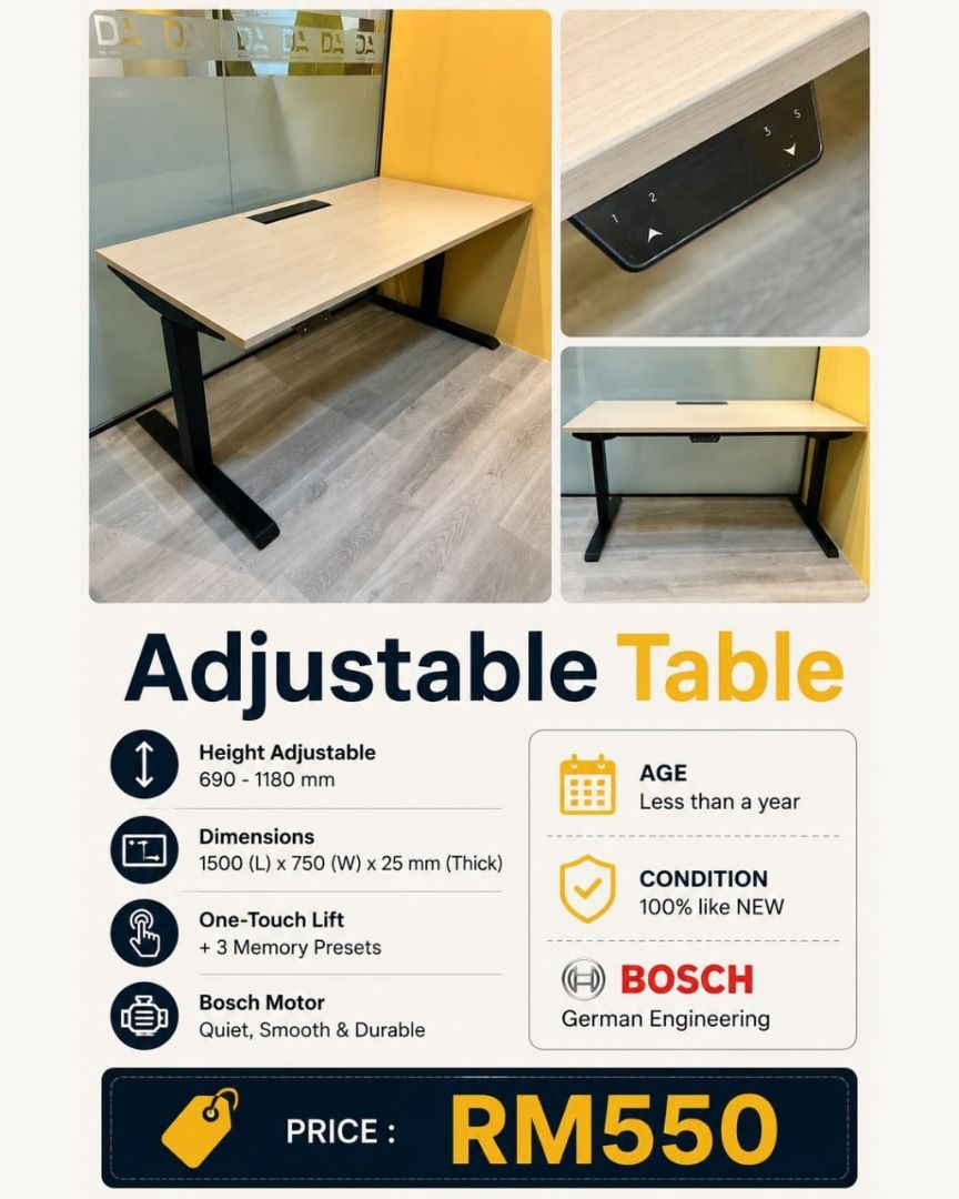 Bosch Adjustable Table (Category: Tables & Sets) located in Shah Alam. Submitted by danialnoor97 (Listing ID 1464833985, Image 1). Description: Bosch Adjustable Table. Quiet and heavy duty Bosch motor. Got 2 presets memory of different height that can be set. Location : Sunsuria Forum @7th Avenue, Setia Alam, Selangor OI3-444 I227 (Danial).