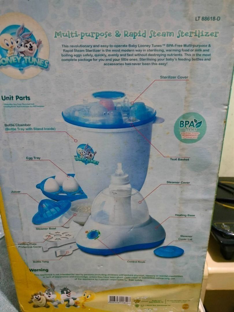 Bottle Sterilizer (Category: Breastfeeding & Bottle Feeding) located in San Pedro. Submitted by leviandmillie (Listing ID 1464957187, Image 1). Description: ‼️PICK UP ONLY‼️ ‼️Kindly read all the information.‼️ 📦 Original Price: ₱1430 💰 Selling Price: ₱800 Baby Looney Tunes Multi-Purpose Rapid Steam Sterilizer Condition: Preloved / Complete with box Features ✔ Sterilizes baby bottles ✔ Milk warming function ✔ Food warming ✔ Egg boiler function 