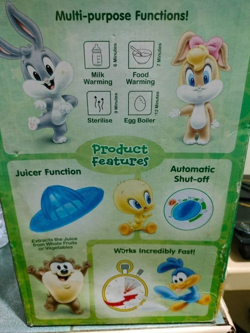 Bottle Sterilizer (Category: Breastfeeding & Bottle Feeding) located in San Pedro. Submitted by leviandmillie (Listing ID 1464957187, Image 2). Description: ‼️PICK UP ONLY‼️ ‼️Kindly read all the information.‼️ 📦 Original Price: ₱1430 💰 Selling Price: ₱800 Baby Looney Tunes Multi-Purpose Rapid Steam Sterilizer Condition: Preloved / Complete with box Features ✔ Sterilizes baby bottles ✔ Milk warming function ✔ Food warming ✔ Egg boiler function 