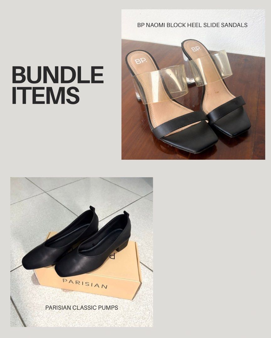 BP Naomi Sandals & Parisian Classic Pumps Bundle (Category: Heels) located in Apalit. Submitted by icekimix (Listing ID 1464796203, Image 1). Description: - Bundle of 2 stylish black shoes for work and casual wear - Pair 1: BP Naomi block heel slide sandals with trendy clear straps and clear heels - Pair 2: Parisian classic black low heel pumps, complete with original box - lightly used then stored - RFS: stored only, need funds - Great value bun