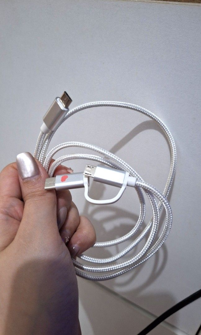 Braided Multi-Connector Charging Cable USB Type-C (Category: Chargers & Cables) located in Quezon City. Submitted by tinylittlecorner (Listing ID 1464853259, Image 2). Description: - Color: Black - Exterior: Durable woven braided design - Connectors: Standard USB-A, USB Type-C, and an extra split connector P50 each.