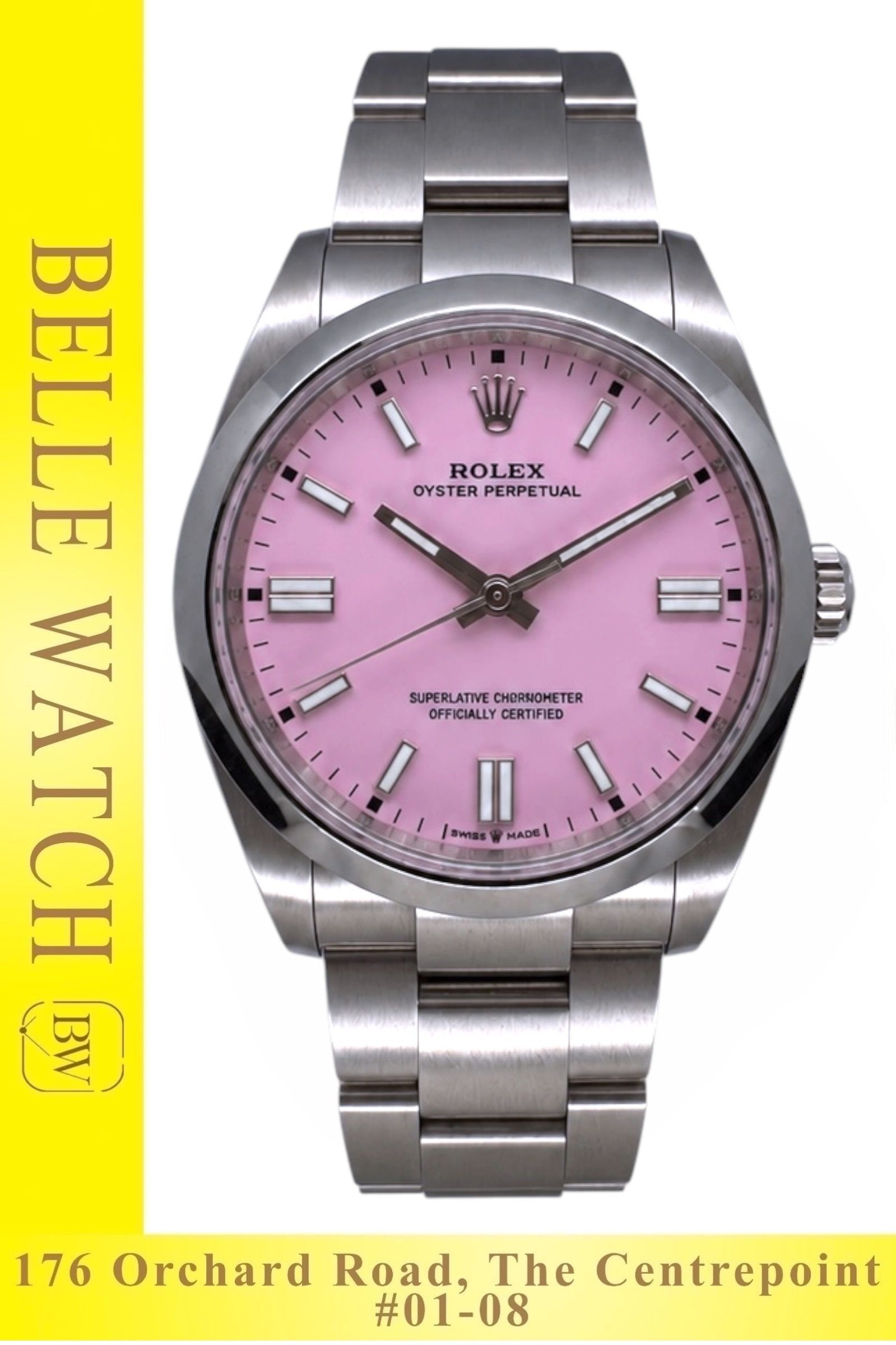 Brand New 2025 Rolex 126000 Oyster Perpetual Candy Pink Dial Stainless Steel Oyster Bracelet (Category: Watches) located in Singapore. Submitted by bellewatchsg (Listing ID 1464826139, Image 1). Description: Brand New 2025 Rolex 126000 Oyster Perpetual Candy Pink Dial Stainless Steel Oyster Bracelet ** Shop Based ** **Brand New, Unworn Condition** Case Size : 36MM Dated: January 2025 (Factory Agent Warranty until January 2030) Dial: Candy Pink Br