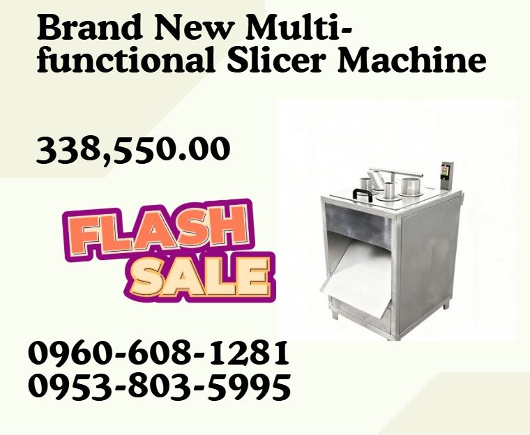 Brand New Multi-functional Slicer Machine (Category: Everything Else Others) located in Caloocan City. Submitted by 09051674995 (Listing ID 1464781809, Image 1). Description: Multi-functional, it can cut different dimensions and shape of material (potato, cassava, yam, radish, tomato, banana, plantain, onion etc.) Material: Stainless steel 304 Capacity:300-500kg/hr Size:710*660*1085mm Voltage:380v 50Hz 3Phase Power: 0.75kw Cutting thickness