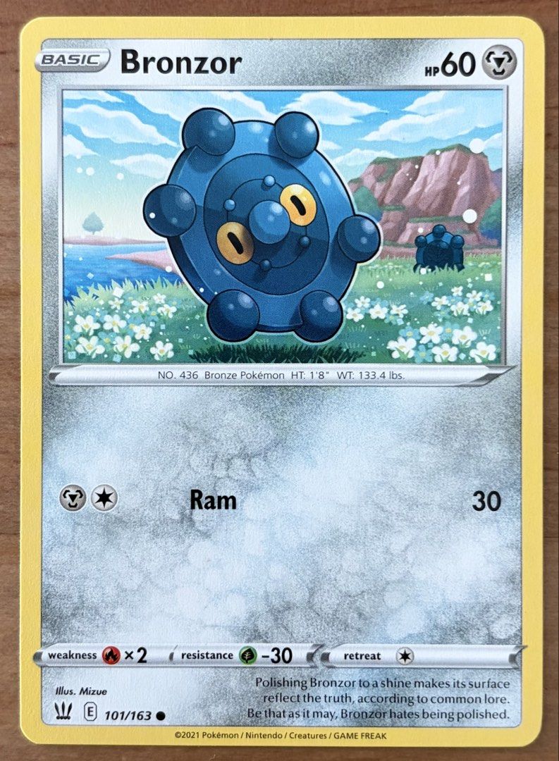 Bronzor | Pokemon Cards ~ Battle Styles (Category: Raw Singles) located in Makati City. Submitted by cardlab (Listing ID 1464965968, Image 1). Description: Items are 💯 authentic/original/legit. About The Card: •Language: EN • Number: 101/163 • Common • Normal FOR: • Cards ₱99 and below with Card Sleeves • Cards ₱100 and up with Card Sleeves and Used Toploader • ₱10 for Bnew Tops Packaging (If Shipping): ✔️ Plastic cover ✔️ Cardboard ✔️ Bubble wr