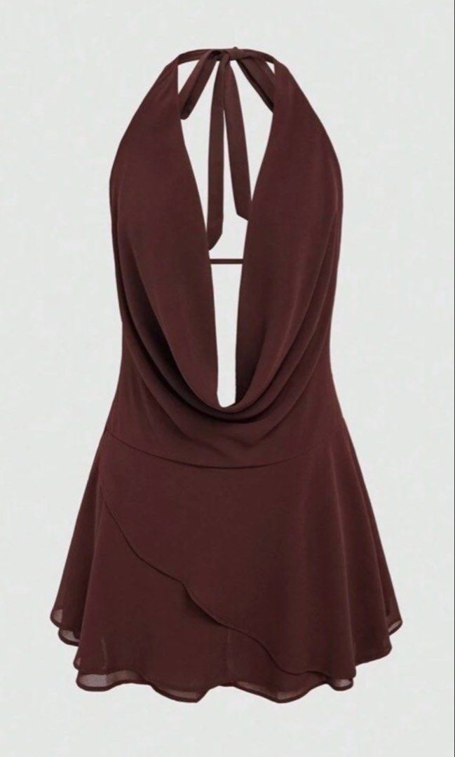 Shein Brown Halter Neck Dress (Category: Dresses) located in Pasay City. Submitted by luvnixx (Listing ID 1464894609, Image 1). Description: Shein Brown halter neck mini dress Never been used! Size small (guide provided in photos).