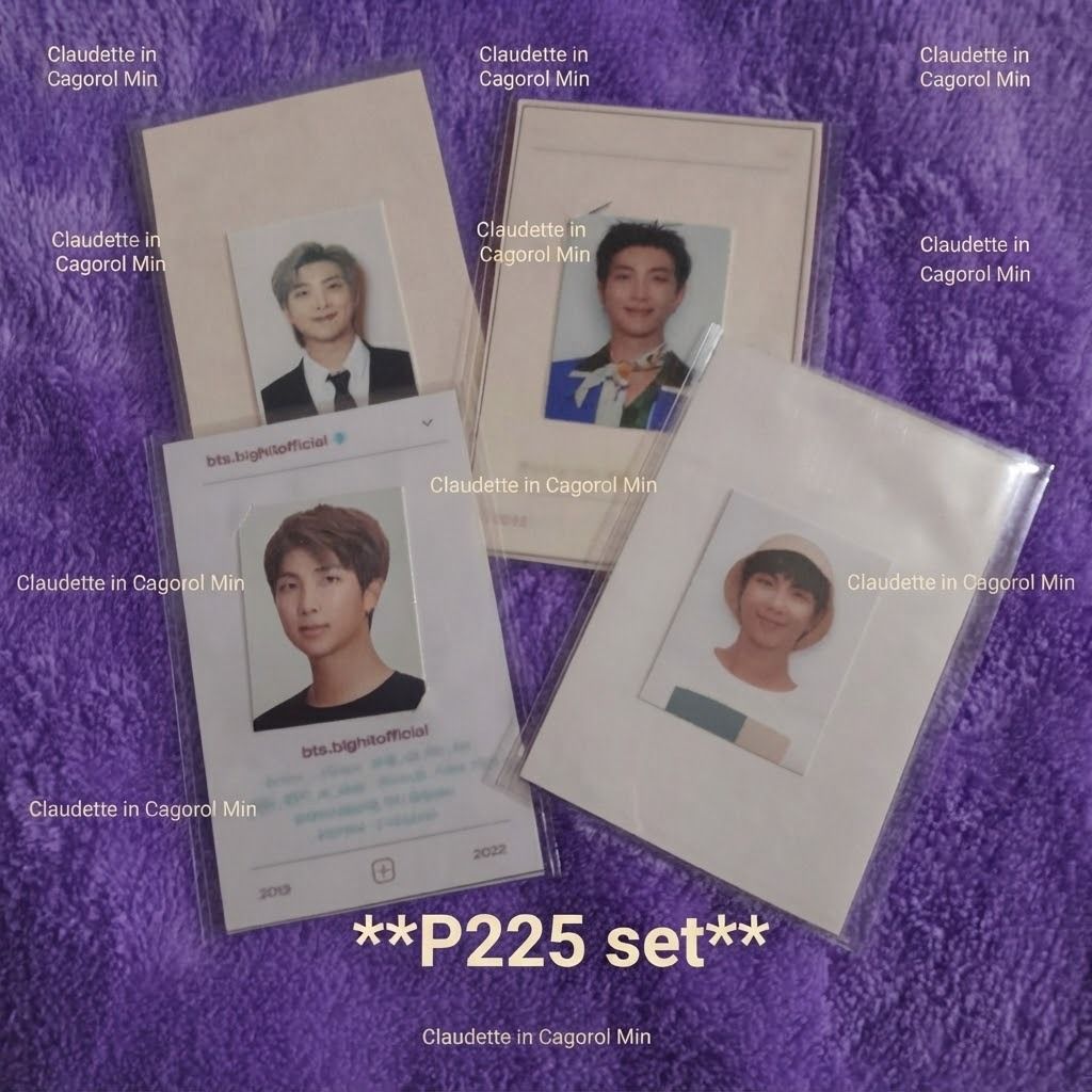 BTS RM Namjoon ID Photo Set (Category: K-Wave Merchandise) located in Butuan. Submitted by justfabclauding (Listing ID 1464929330, Image 1). Description: - Full set of 4 RM ID photos - Features different eras and looks - Kept in protective sleeves - Priced as a set - Ideal for Namjoon collectors completing their set.