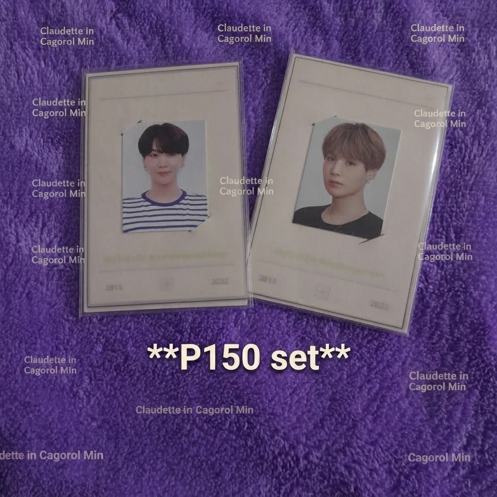 BTS Suga Yoongi ID Photo Set (Category: K-Wave Merchandise) located in Butuan. Submitted by justfabclauding (Listing ID 1464929020, Image 1). Description: - Set of 2 BTS Suga ID photocards - Includes 1 card in a striped shirt and 1 in a black tee - Comes with clear protective sleeves for each card - Selling as a pair (price is for both items) - Perfect for ARMY collectors.