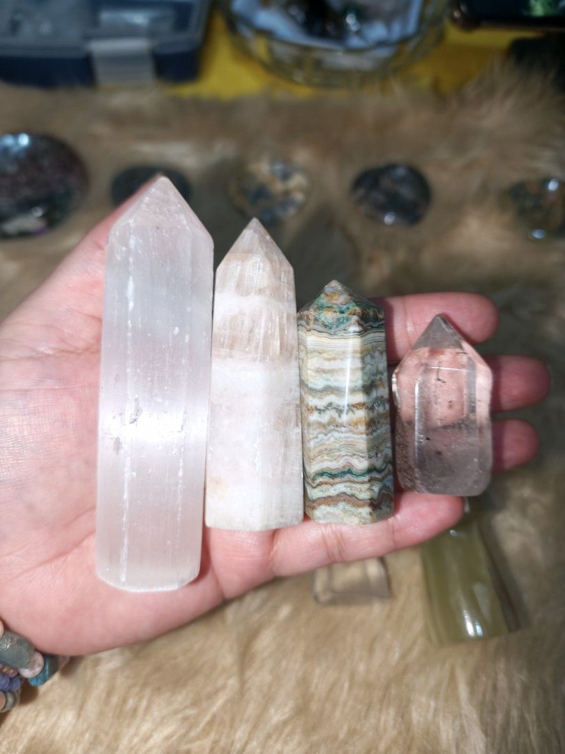 Bundle Towers Take it All (Category: Precious Stones) located in Quezon City. Submitted by piaoliangcollections.ph (Listing ID 1464866262, Image 3). Description: Have this 4pcs of towers. Selenite, Pink Calcite, Green Banded Onyx and Phantom Quartz Take it all for 3k. pm for sure buyer.