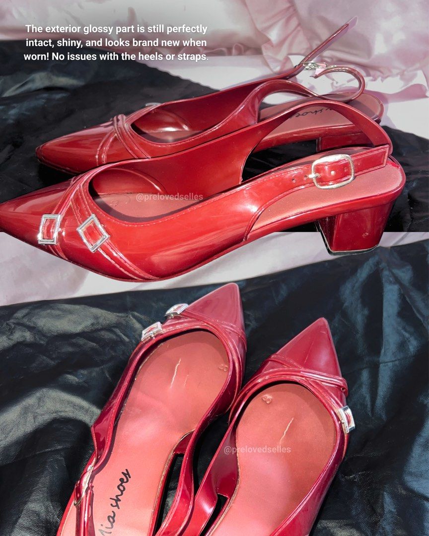Burgundy Sandals [TAKE ALL ₱199] (Category: Flats & Sandals) located in Kawit. Submitted by prelovedselles (Listing ID 1464824604, Image 2). Description: Square Toe & Pointed Maroon Heels Bundle • Price: ₱199 for BOTH pairs (Take all bundle, fixed price) • Styles: Square toe with bow & Pointed slingback • Color: Glossy Wine Red / Maroon / Burgundy • Size: Size 40 (Best fits local Size 39 to 40) • Condition: Preloved / Used. Issues: • Square Toe P
