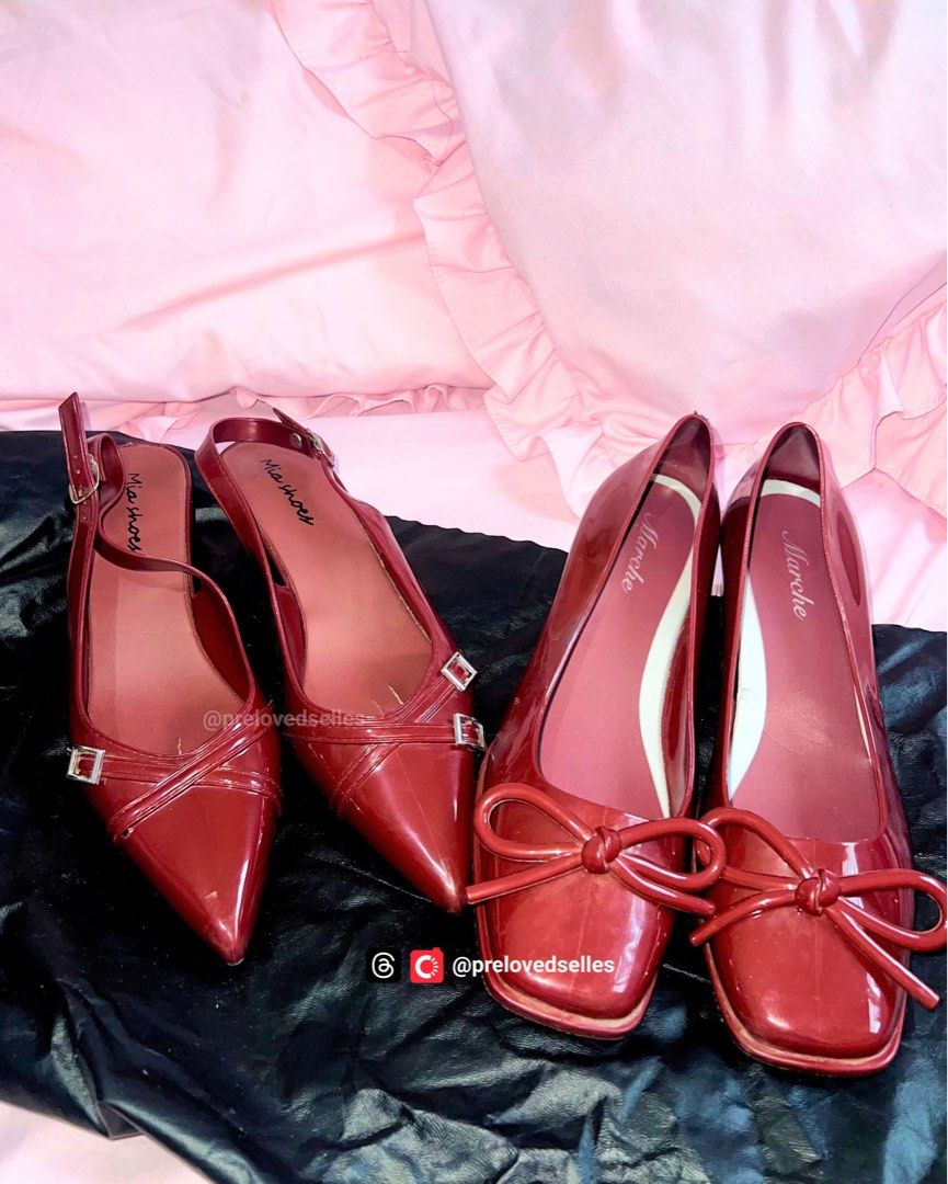 Burgundy Sandals [TAKE ALL ₱199] (Category: Flats & Sandals) located in Kawit. Submitted by prelovedselles (Listing ID 1464824604, Image 1). Description: Square Toe & Pointed Maroon Heels Bundle • Price: ₱199 for BOTH pairs (Take all bundle, fixed price) • Styles: Square toe with bow & Pointed slingback • Color: Glossy Wine Red / Maroon / Burgundy • Size: Size 40 (Best fits local Size 39 to 40) • Condition: Preloved / Used. Issues: • Square Toe P