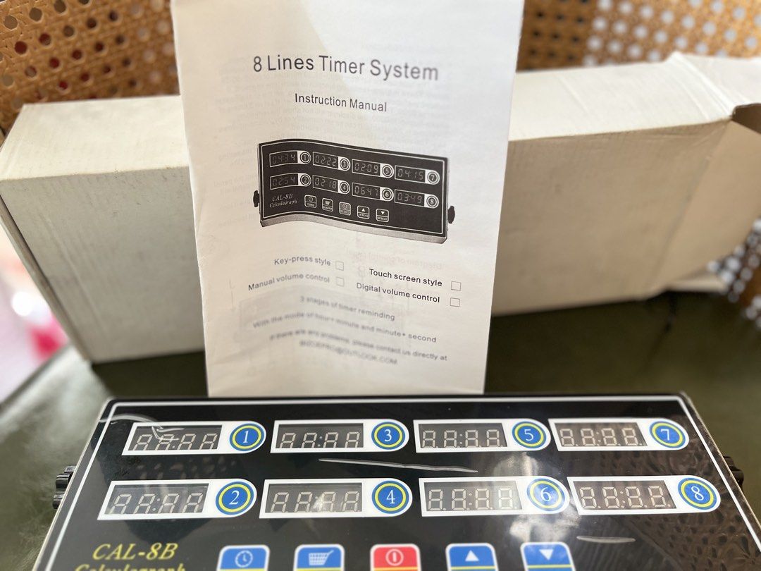 CAL-8B Calculagraph 8 Lines Timer System (Category: Office & Business Technology) located in Manila. Submitted by caprence0228 (Listing ID 1464789823, Image 1). Description: - Model: CAL-8B Digital Timer System - Features: 8 independent display lines with key-press style operation - Condition: Tested and powers on normally with bright red LED digits - Ideal for: Commercial kitchens, bubble tea shops, and multi-task timing - Inclusions: Original b