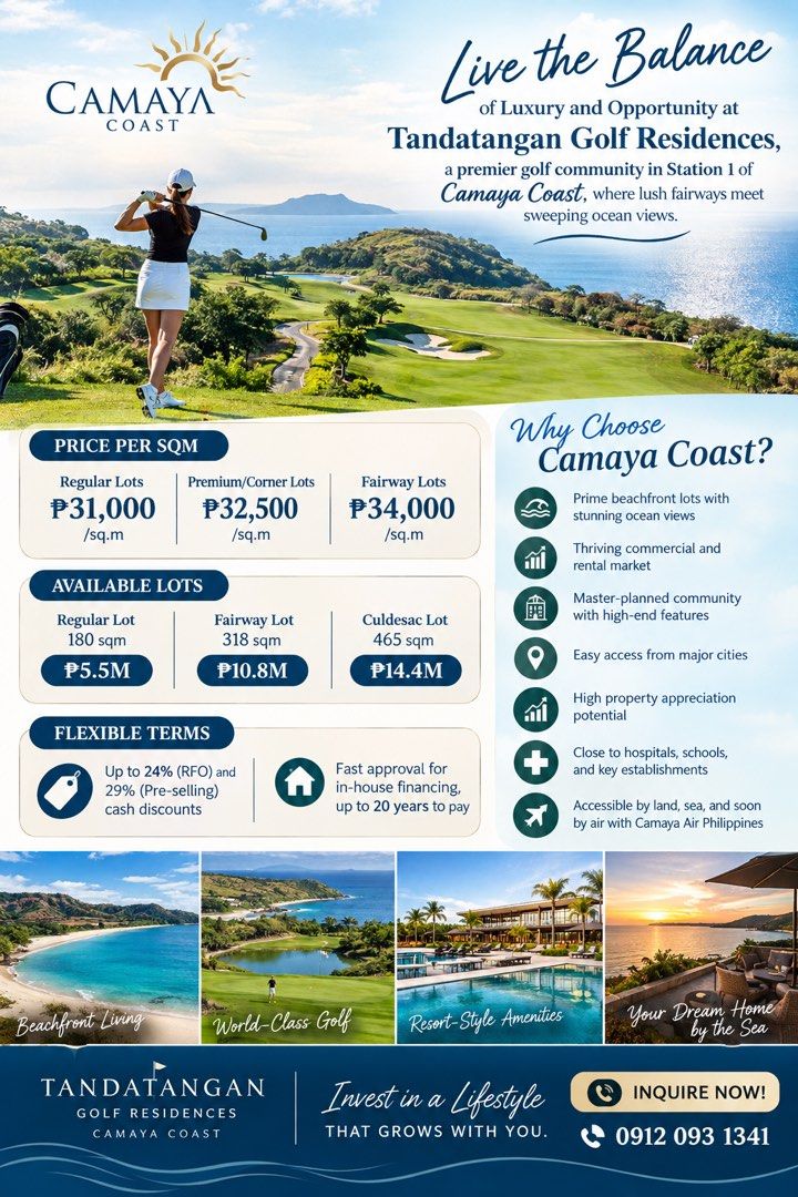 CAMAYAN COAST LOT FOR SALE (Category: Lot) located in Pasay City. Submitted by nildzpedrosa (Listing ID 1464901134, Image 1). Description: 𝖫𝗂𝗏𝖾 𝗍𝗁𝖾 𝖻𝖺𝗅𝖺𝗇𝖼𝖾 𝗈𝖿 𝗅𝗎𝗑𝗎𝗋𝗒 𝖺𝗇𝖽 𝗈𝗉𝗉𝗈𝗋𝗍𝗎𝗇𝗂𝗍𝗒 𝖺𝗍 𝐓𝐚𝐧𝐝𝐚𝐭𝐚𝐧𝐠𝐚𝐧 𝐆𝐨𝐥𝐟 𝐑𝐞𝐬𝐢𝐝𝐞𝐧𝐜𝐞𝐬, 𝖺 𝗉𝗋𝖾𝗆𝗂𝖾𝗋 𝗀𝗈𝗅𝖿 𝖼𝗈𝗆𝗆𝗎𝗇𝗂𝗍𝗒 𝗂𝗇 𝖲𝗍𝖺𝗍𝗂𝗈𝗇 𝟣 𝗈𝖿 𝑪𝒂𝒎𝒂𝒚𝒂 𝑪𝒐𝒂𝒔𝒕, 𝗐𝗁𝖾𝗋𝖾 𝗅𝗎𝗌𝗁 𝖿𝖺𝗂𝗋𝗐𝖺𝗒𝗌 𝗆𝖾𝖾𝗍 𝗌𝗐𝖾𝖾𝗉𝗂𝗇𝗀 𝗈𝖼𝖾𝖺𝗇 