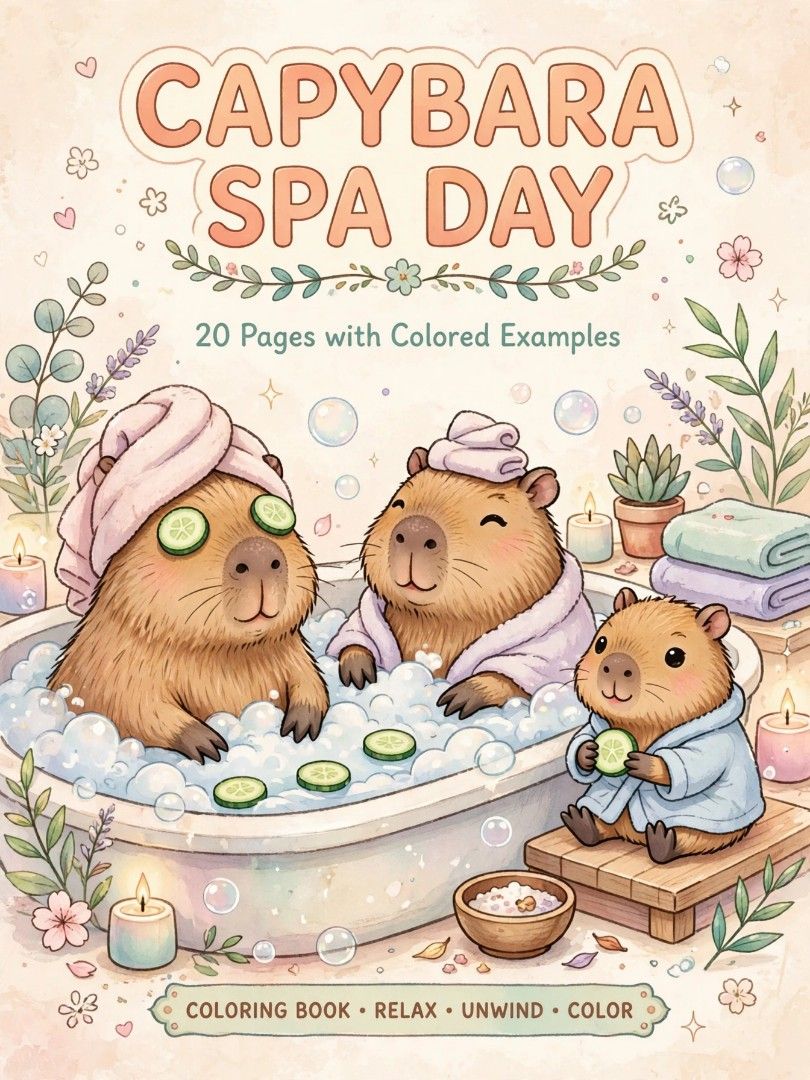 Capybara Spa Day Coloring Book 20 Pages (Category: Children's Books) located in Makati City. Submitted by iam.polengthegreat (Listing ID 1464890463, Image 1). Description: - Title: Capybara Spa Day Coloring Book - Pages: 20 clean, high-quality pages featuring cute capybaras in relaxing spa scenes, bubble baths, and massages - Feature: Includes colored examples on each page to guide your artwork - Perfect for: Stress relief, relaxation, and mindfu