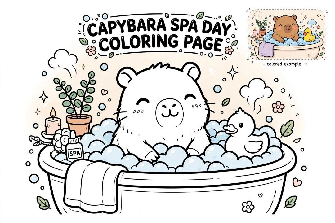 Capybara Spa Day Coloring Book 20 Pages (Category: Children's Books) located in Makati City. Submitted by iam.polengthegreat (Listing ID 1464890463, Image 2). Description: - Title: Capybara Spa Day Coloring Book - Pages: 20 clean, high-quality pages featuring cute capybaras in relaxing spa scenes, bubble baths, and massages - Feature: Includes colored examples on each page to guide your artwork - Perfect for: Stress relief, relaxation, and mindfu