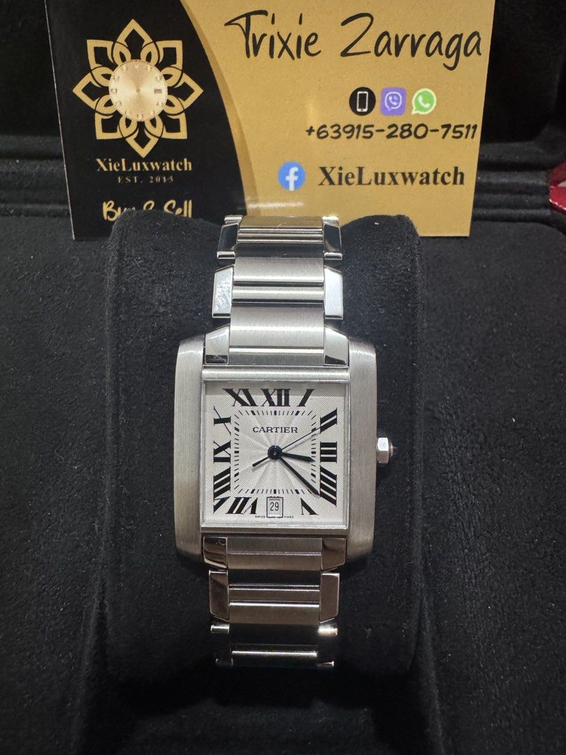 Cartier Tank Française (Category: Luxury Watches) located in Muntinlupa City. Submitted by xiez1209 (Listing ID 1464898719, Image 3). Description: Cartier Tank Française LM size Automatic Movement Stainless Steel 2013 year model Complete inclusions with authenticity certificate, manuals, orig box and paperbag 210,000 Open for meetup and authentication.