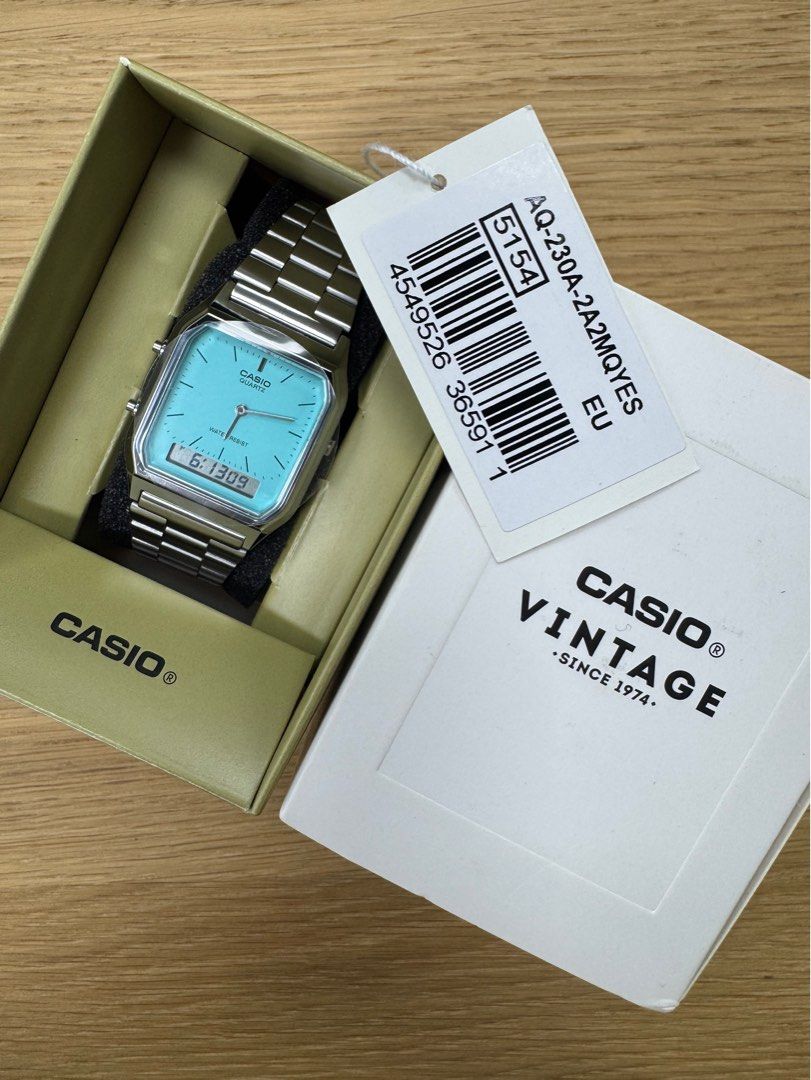 Casio Vintage AQ-230A 已停產 (Aq230 Tiffany Blue 非 冰藍 5154) （分類：手錶）位於 Hong Kong。 由 fortyplus 提交（商品編號 1464856831，圖片 1）。簡介： 100% new, Tiffany Blue, 非一般冰藍色, 已停產, 歐洲版盒, 另外有日本版, 請查看我的產品 荔枝角交收 。