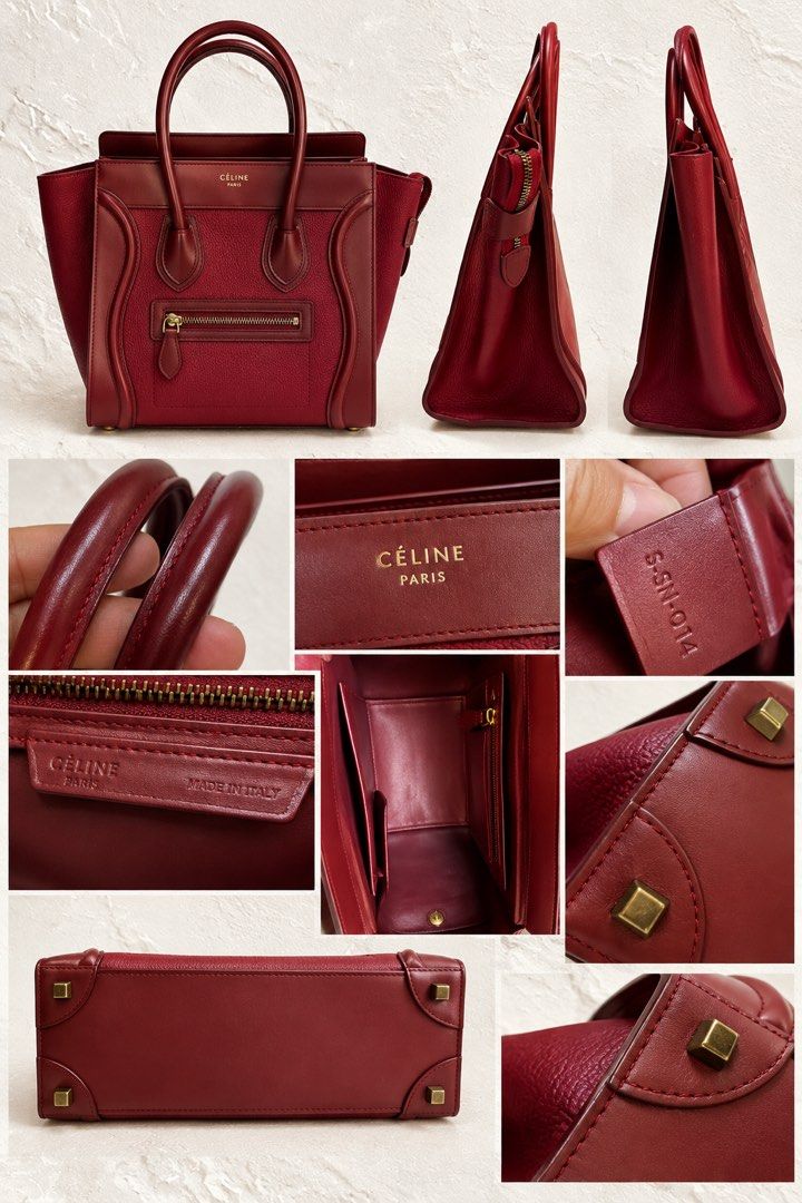 Celine Micro Luggage Tote (Category: Tote Bags) located in Makati City. Submitted by stylehub.mnl (Listing ID 1464773545, Image 2). Description: ✨ DETAILS • Brand: CELINE • Style: Luggage Tote • Color: Burgundy / Deep Wine • Leather construction • Gold-tone hardware • Spacious interior with compartments • Front zip pocket • Original CELINE Paris branding • Made in Italy • Includes detailed photos of interior, hardware, leather, stitching, and mar