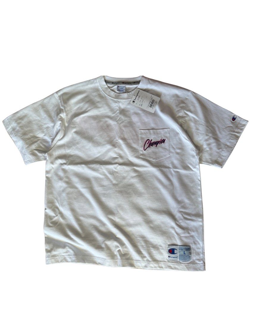 Champion White Pocket T-Shirt with Pink Script Logo (Category: Tshirts & Polo Shirts ) located in Cainta. Submitted by thriftzz (Listing ID 1464884256, Image 1). Description: Champion White Shirt Brandnew Large on tag Selling it for 2,000 php only, bought it for ¥6,490 .