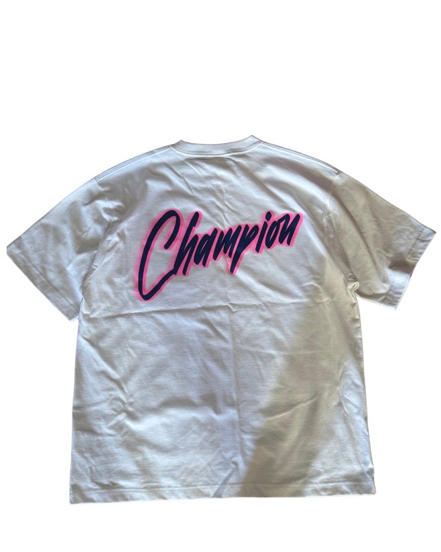 Champion White Pocket T-Shirt with Pink Script Logo (Category: Tshirts & Polo Shirts ) located in Cainta. Submitted by thriftzz (Listing ID 1464884256, Image 2). Description: Champion White Shirt Brandnew Large on tag Selling it for 2,000 php only, bought it for ¥6,490 .