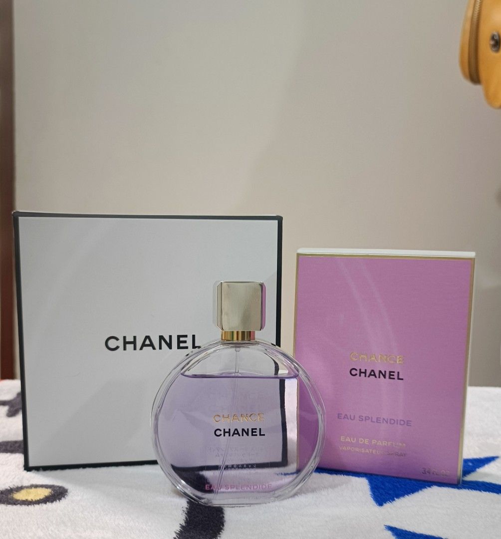 Chanel Chance Eau Splendide Eau de Parfum 3.4 fl oz (Category: Fragrance & Deodorants) located in Manila. Submitted by gonzalessa43676 (Listing ID 1464772042, Image 1). Description: - Brand: Chanel - Item: Chance Eau Splendide Eau de Parfum - Size: 3.4 fl oz / 100ml - Condition: Slightly Used - Packaging: Includes iconic round glass bottle with purple juice, pink outer box with gold lettering, and the signature white presentation box tied with a 