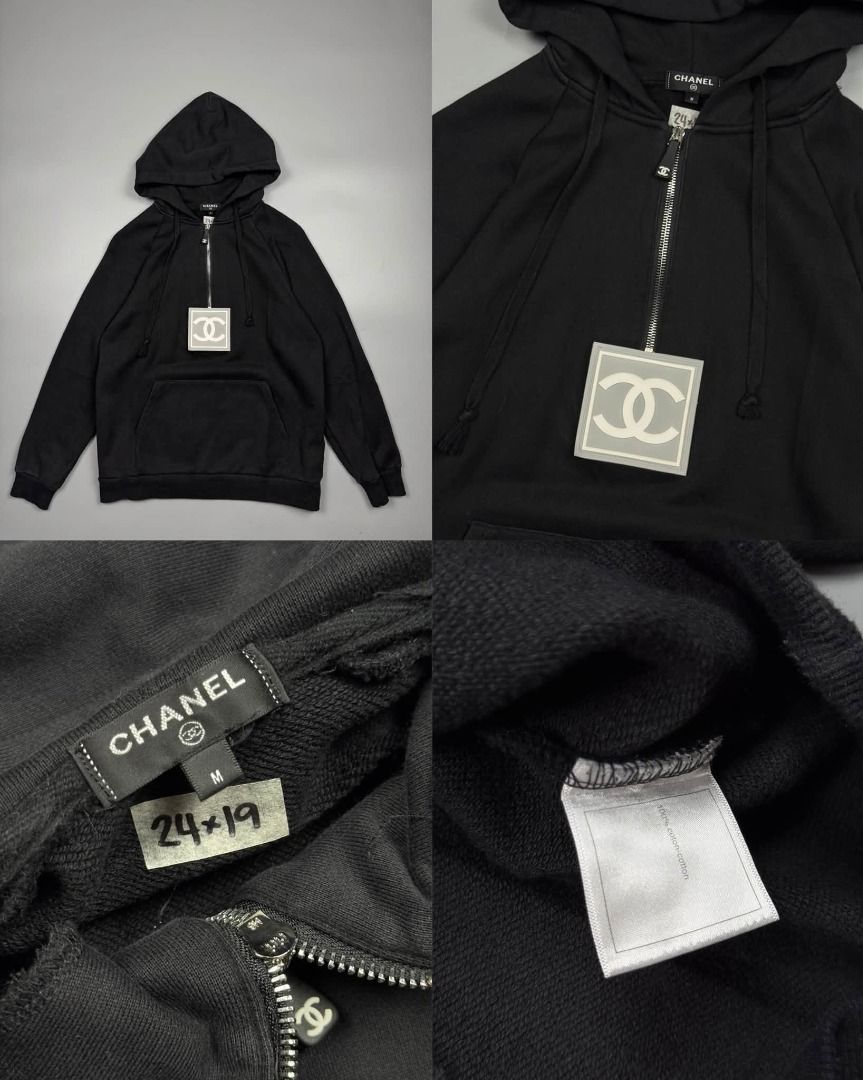 CHANEL HALF ZIP HOODIE (Category: Coats, Jackets and Outerwear) located in Baguio. Submitted by binibibi (Listing ID 1464770887, Image 1). Description: CHANEL HALF ZIP HOODIE (EXCELLENT CONDITION) SIZE: MEDIUM (24L X 19W) - Brand: Chanel - Color: Black - Size: Medium (M) - Design: Front half-zip closure with branded CC pull tab and square graphic patch on the chest - Features: Drawstring hood, spacious kangaroo pocket, ribbed cuffs and hem - Mate