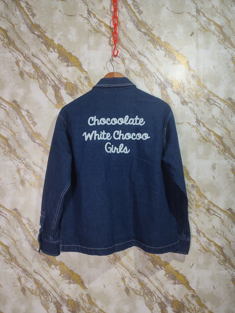 CHOCOOLATE Dark Blue Denim Jacket with Graphic Patches (Category: Coats, Jackets and Outerwear) located in Cabuyao City. Submitted by jederama (Listing ID 1464856027, Image 2). Description: CHOCOLATE DENIM JACKET SIZE : XS ON TAG ( OVERSIZED ) WIDTH - 21.5 LENGTH - 24.5 GOOD AS NEW CONDITION NO ISSUE / NO FLAWS PWEDE SA MASELAN 980 + SHIPPING FEE.