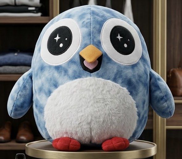 Chubby Blue Tie-Dye Penguin Plush Toy (Category: Plushies & Soft Toys) located in San Juan City. Submitted by kera.g815 (Listing ID 1464794485, Image 1). Description: Adorable chubby penguin plush toy featuring a soft blue-and-white tie-dye plush body with a fluffy white belly. Detailed with big embroidered eyes containing sparkling white star accents, an orange beak, and contrasting bright red plush feet. Super soft, round, and squeezable—perfec