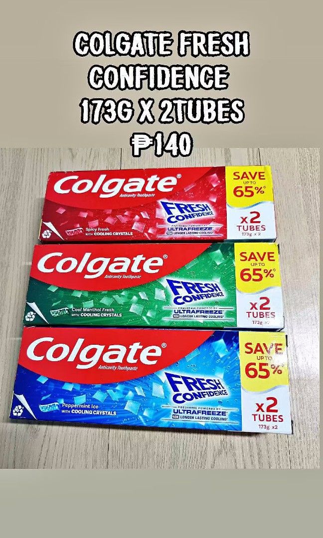 COLGATE FRESH CONFIDENCE BELOW SRP (173grams x 2tubes) (Category: Oral Care) located in Manila. Submitted by shein_zaful (Listing ID 1464967756, Image 1). Description: Location: San Andres Bukid Manila 📌 Meet up: Quirino Bakery San Andres 🛵 Lalamove within Metro Manila Same day delivery (Payment first on the item) 💸 Shipping fee shouldered by the buyer.