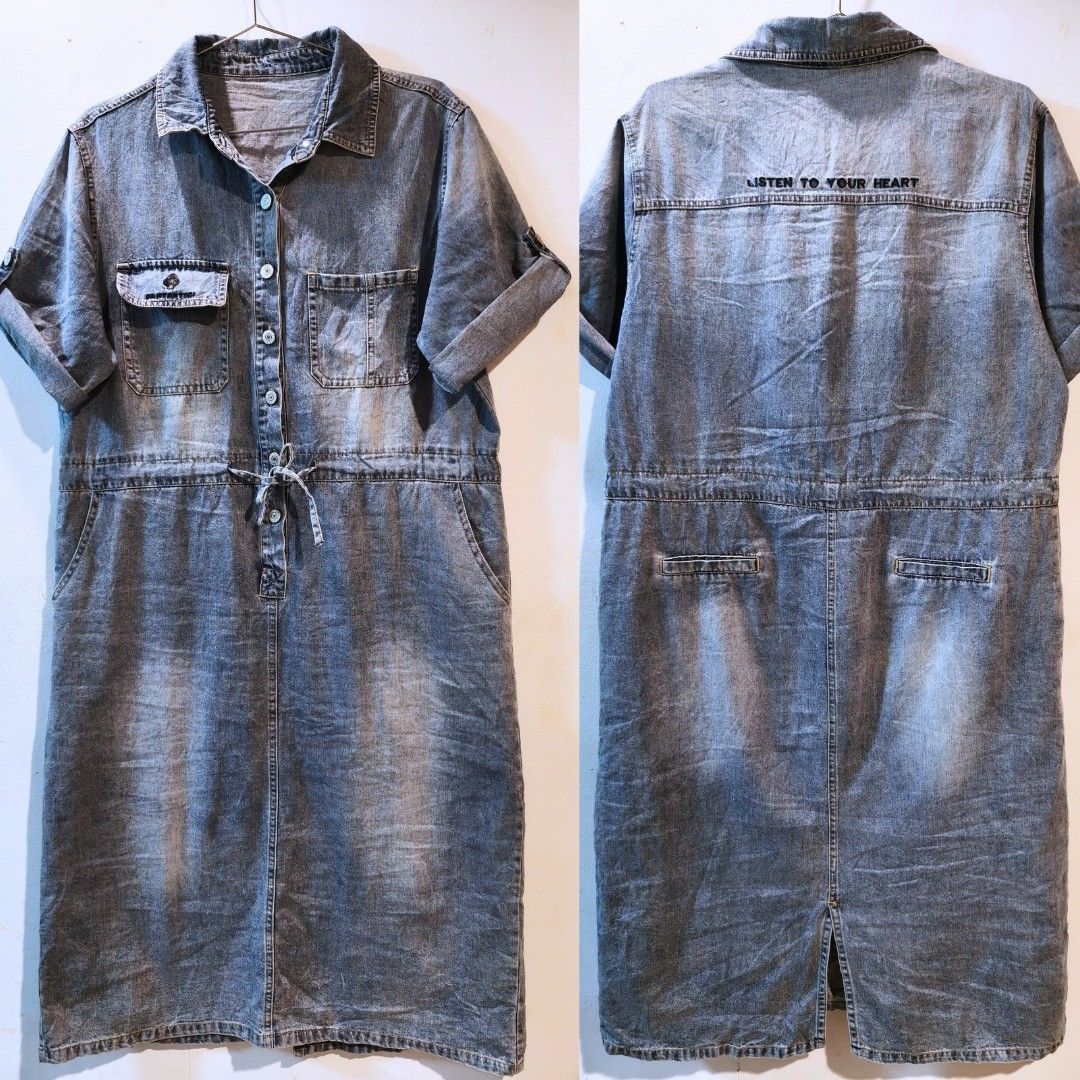 COLLARED DENIM DRESS (Category: Dresses) located in Quezon City. Submitted by trendyretro (Listing ID 1464882552, Image 2). Description: Only worn once can fit up to XL looks like 💯 brand new thick but soft acid colored denim fabric embroidered design long dress adjustable waist.