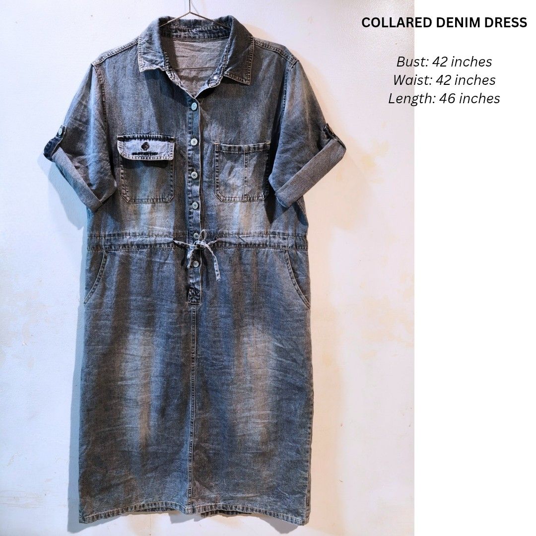 COLLARED DENIM DRESS (Category: Dresses) located in Quezon City. Submitted by trendyretro (Listing ID 1464882552, Image 1). Description: Only worn once can fit up to XL looks like 💯 brand new thick but soft acid colored denim fabric embroidered design long dress adjustable waist.
