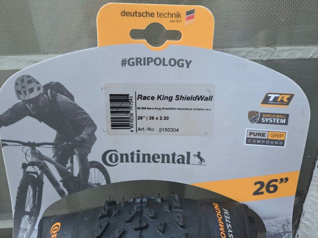 Continental Race King ShieldWall 26" (Category: Bicycles) located in Las Pinas. Submitted by kyoyaanime (Listing ID 1464913625, Image 2). Description: - Item: Continental Race King ShieldWall Mountain Bike Tyre - Size: 26" x 2.20 - Compound: PureGrip compound for reliable grip - Setup: Tubeless ready with black foldable skin casing - Performance: Designed for XC and race riding with low rolling resistance - Condition: Brand new on original cardbo