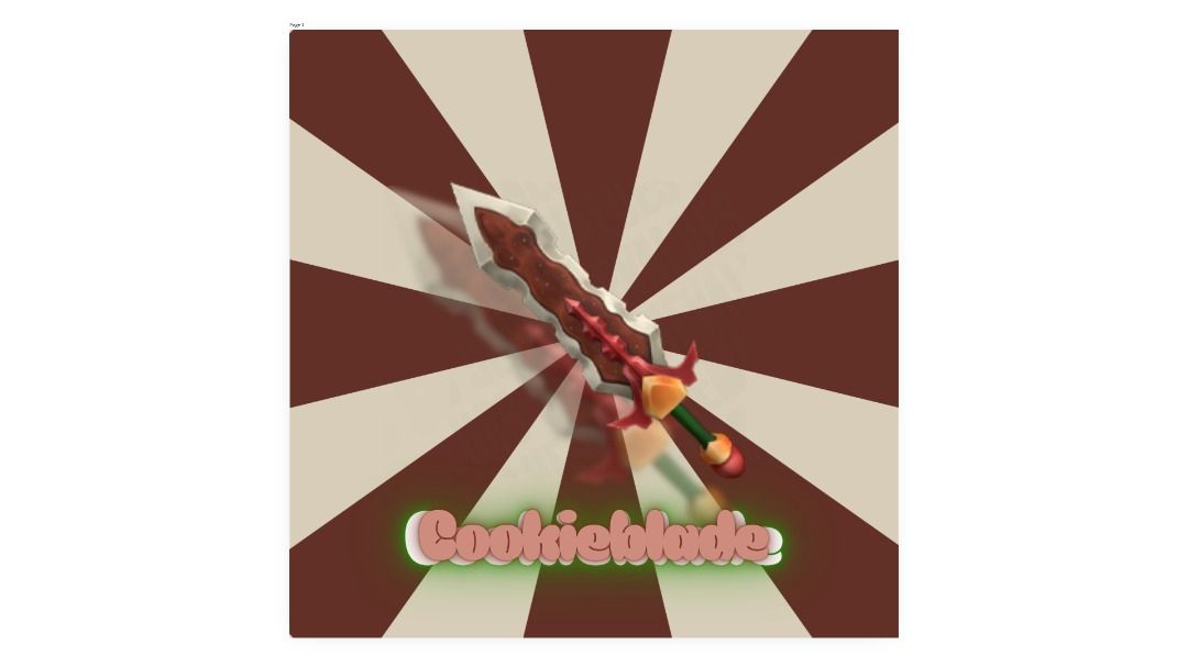 Cookieblade (MM2) (Category: In-Game Products) located in Caloocan City. Submitted by m.ceee (Listing ID 1464801876, Image 1). Description: Virtual weapon item called Cookieblade. Decorated with red frosting pattern and scalloped edges along the blade. Green handle with red accents at the base. Radial brown and cream background pattern behind the blade graphic..