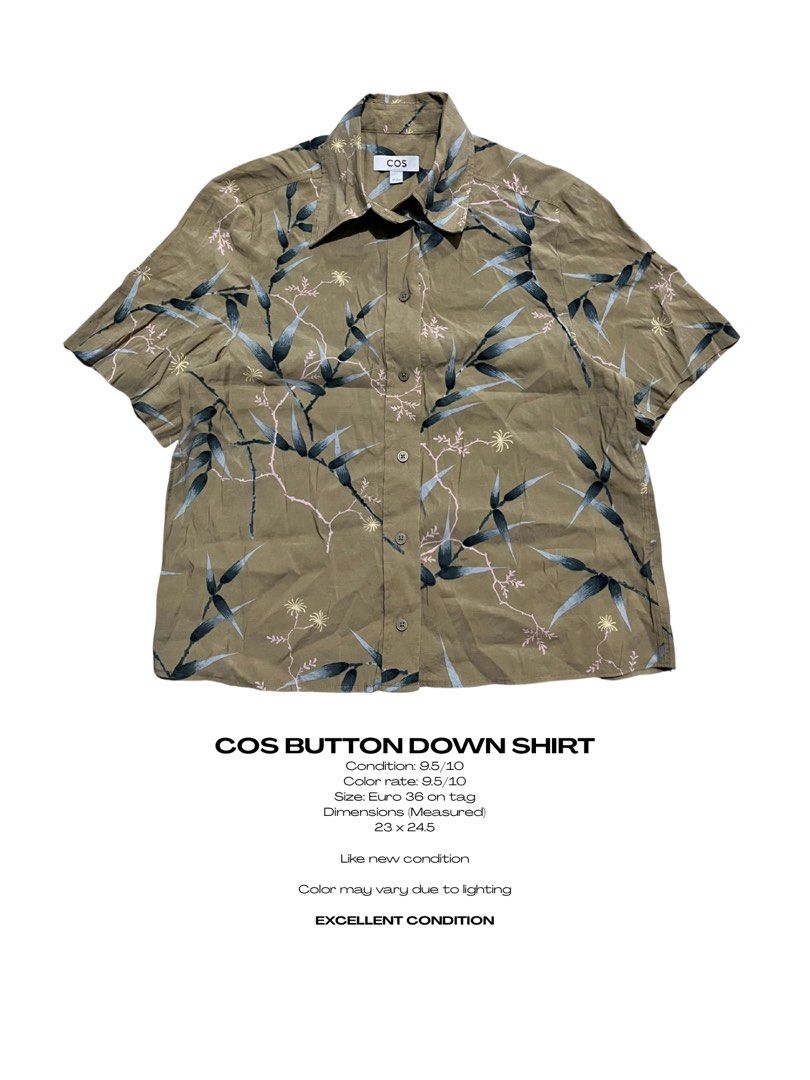 COS BUTTON DOWN SHIRT (Category: Blouses) located in Magarao. Submitted by chalkzone20 (Listing ID 1464920641, Image 1). Description: COS BUTTON DOWN POLO Size: Euro 36 Condition: 9.9/10 Color rate: 9.9/10 Excellent condition Made in Turkey Dimensions: 23 x 24.5 1,500+sf.