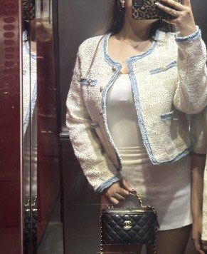 Cream and Blue Tweed Cropped Jacket (Category: Coats, Jackets and Outerwear) located in Manila. Submitted by xoxo_tine (Listing ID 1464791709, Image 1). Description: - Condition: Like new, worn only once for a photo shoot (pristine condition) - Color/Design: Cream tweed with chic light blue frayed trim - Details: Luxurious gold-tone front buttons and four front pockets - Fit & Comfort: Long sleeves, classic round collar, and fully lined interior 
