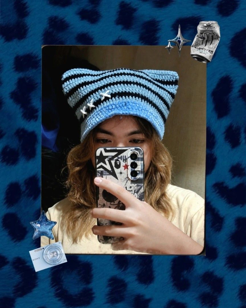 Crochet Cat Beanie y2k style (Category: Beanies) located in Lopez. Submitted by kathnyxx.studio (Listing ID 1464871271, Image 1). Description: 🧶 Crochet Cat Beanie Made with 8ply Yarn (thick) 🎨 Customizable Colors and Designs (you can request a design but add fee) 📦 Ship via J&T.