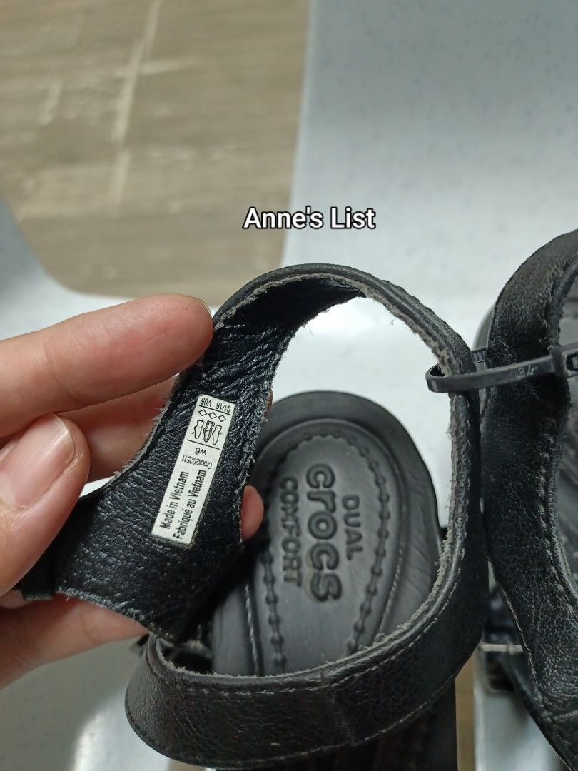 Crocs Wedge Sandals Black Size W6 (Category: Wedges) located in Santa Maria. Submitted by anne_s.list (Listing ID 1464784121, Image 2). Description: - Brand: Crocs - Style: Wedge sandals with supportive wedge heel - Color: Classic Black - Size: Women's W6 (tag attached inside strap) - Comfort: Dual comfort insoles for all-day wear - Fit: Adjustable buckle straps for a secure ankle fit - Traction: Textured outsoles for good grip - Origin: Made in 