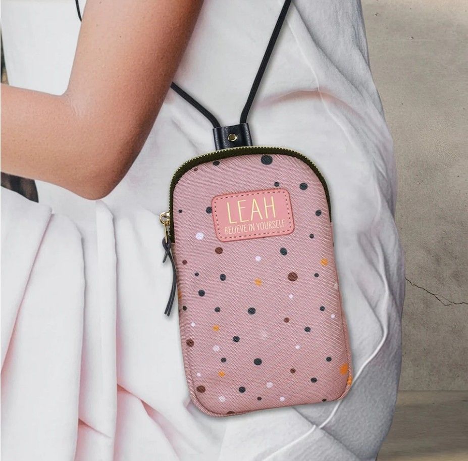 Cute Elegant Personalized " LEAH" Phone Bag (Category: Purses & Pouches) located in Taguig. Submitted by lmluxboutique (Listing ID 1464820961, Image 1). Description: Pink Polka Dot Pattern and the Name " LEAH" with the txt Believe in yourself. NO DAMAGE WITH TAG.